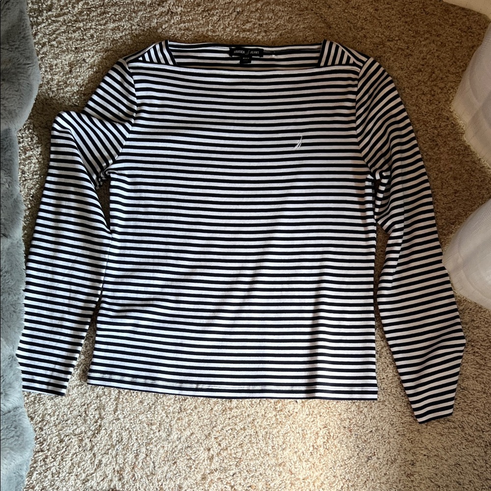 Nautica Women's Navy and White Striped Long Sleeve Tee